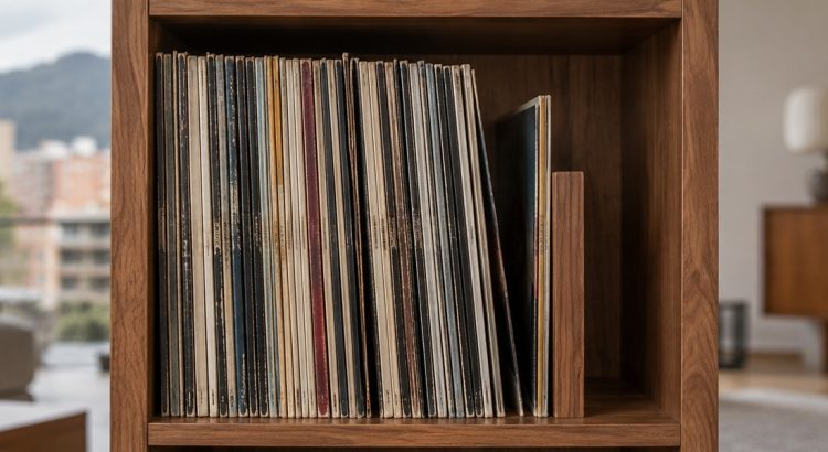 Colección de vinilos guardada verticalmente en un mueble de madera