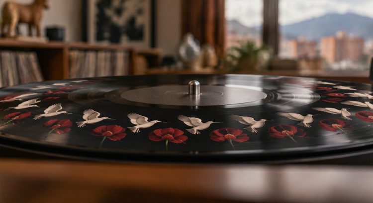 Vinilo con una secuencia de aves impresas alrededor de los surcos.