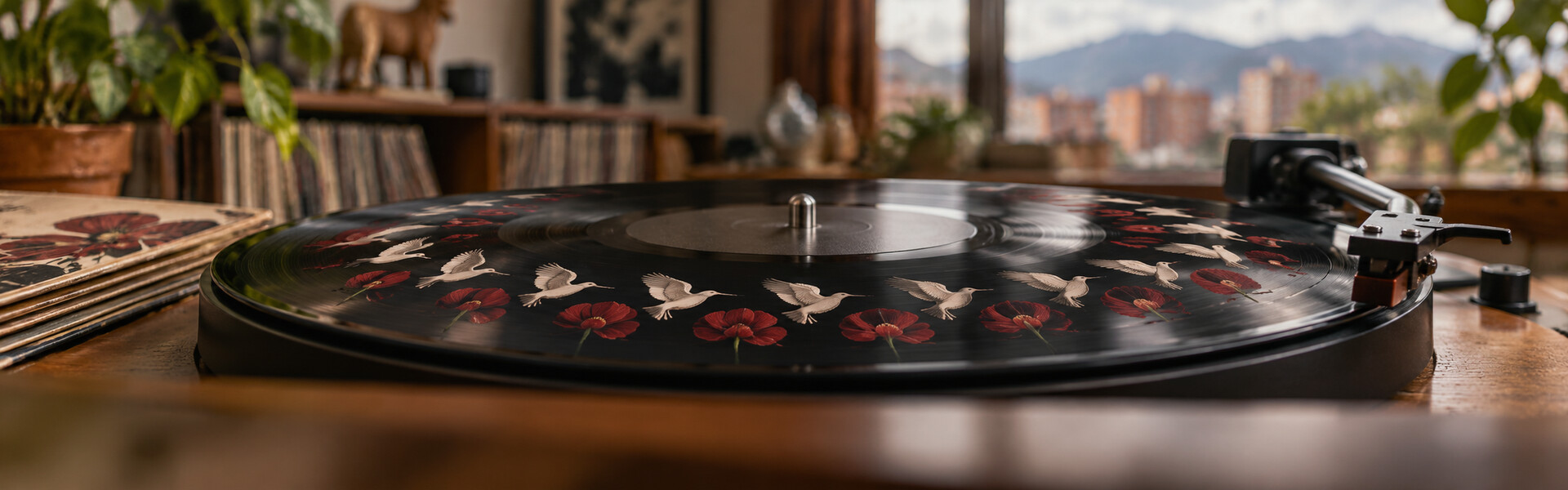 Vinilo con una secuencia de aves impresas alrededor de los surcos.