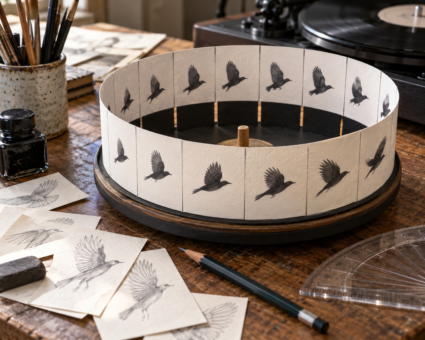Maqueta de papel con posiciones sucesivas de un ave para una animación circular.