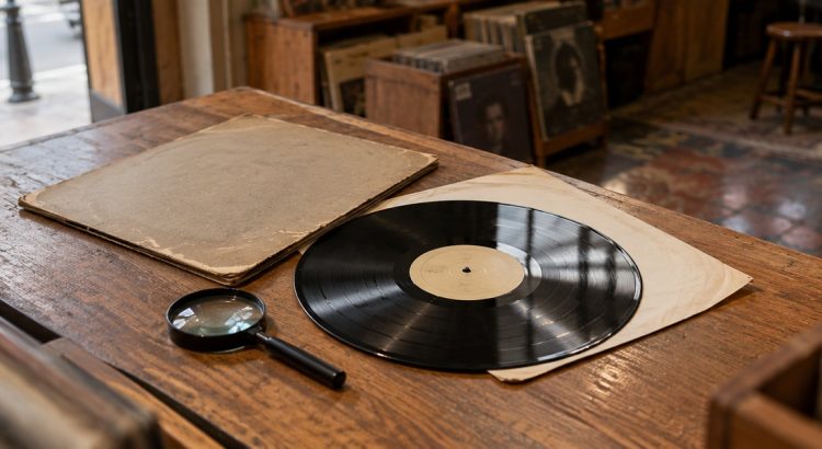 Disco de vinilo usado preparado para inspección sobre el mostrador de una tienda