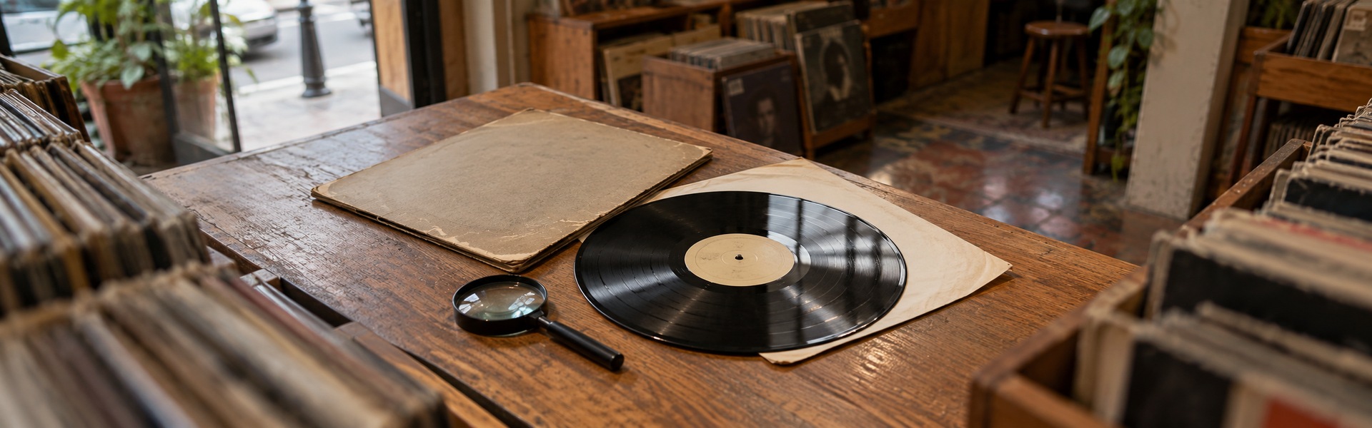 Disco de vinilo usado preparado para inspección sobre el mostrador de una tienda